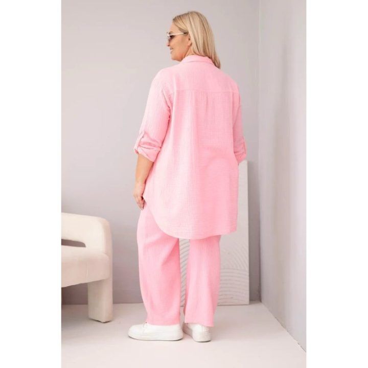 Moteriškas Plus Size muslino komplektas su marškiniais ir plačiomis kelnėmis, rožinės spalvos