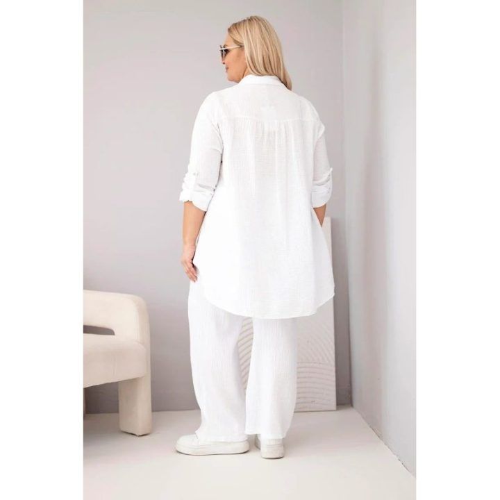 Moteriškas muslino Plus Size komplektas su sagomis, balta spalva