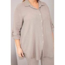 Moteriškas Plus Size muslino komplektas su marškiniais ir plačiomis kelnėmis, fango spalvos
