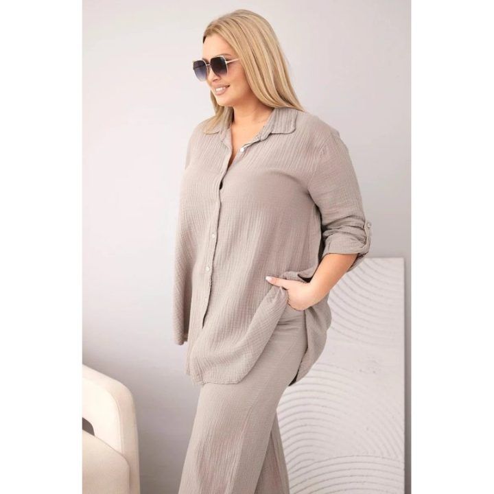 Moteriškas Plus Size muslino komplektas su marškiniais ir plačiomis kelnėmis, fango spalvos