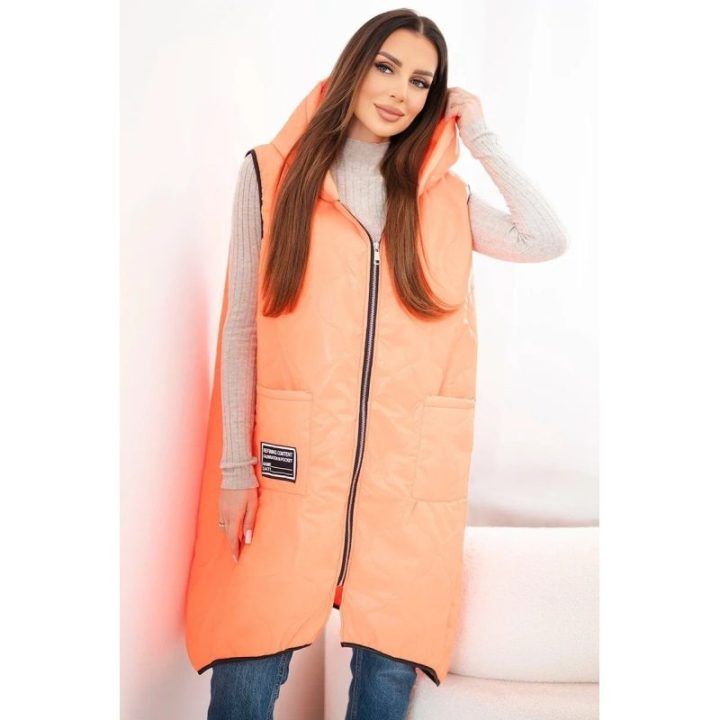 Moteriška Plus Size ilga liemenė su gobtuvu ir užtrauktuku, neoninė oranžinė