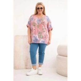 Moteriška Plus Size palaidinė trumpomis rankovėmis, tamsiai rožinė su gėlių raštu
