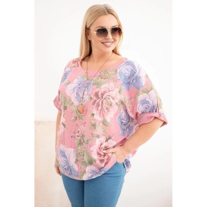 Moteriška Plus Size palaidinė trumpomis rankovėmis, tamsiai rožinė su gėlių raštu