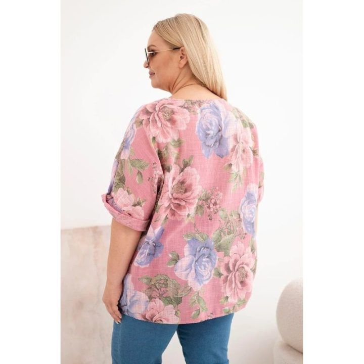 Moteriška Plus Size palaidinė trumpomis rankovėmis, tamsiai rožinė su gėlių raštu
