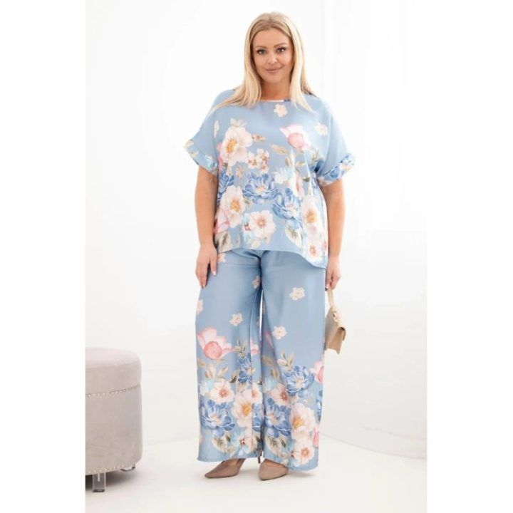 Moteriškas Plus Size komplektas su gėlėmis, mėlynos spalvos