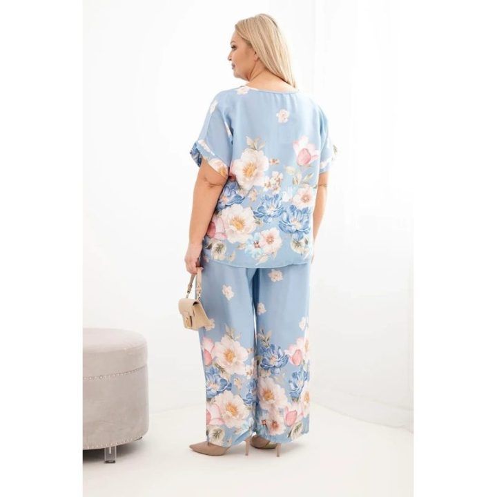 Moteriškas Plus Size komplektas su gėlėmis, mėlynos spalvos