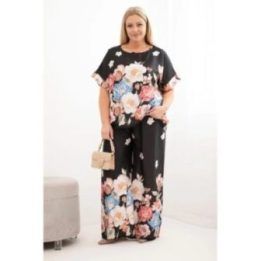 Moteriškas Plus Size komplektas su palaidine ir gėlių rašto plačiomis kelnėmis, juodas