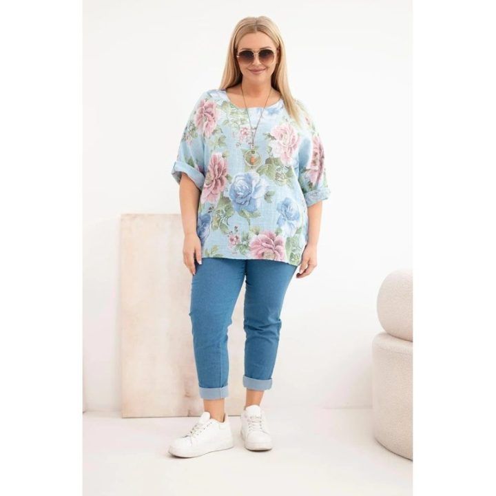 Moteriška Plus Size palaidinė trumpomis rankovėmis su gėlių raštu, mėlyna