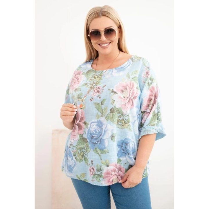 Moteriška Plus Size palaidinė trumpomis rankovėmis su gėlių raštu, mėlyna