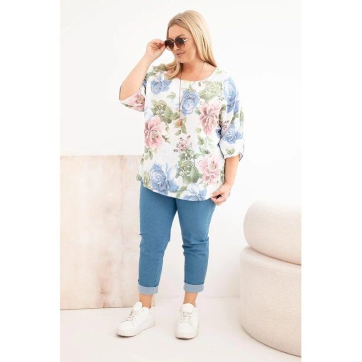 Moteriška Plus Size palaidinė su gėlių raštu, balta