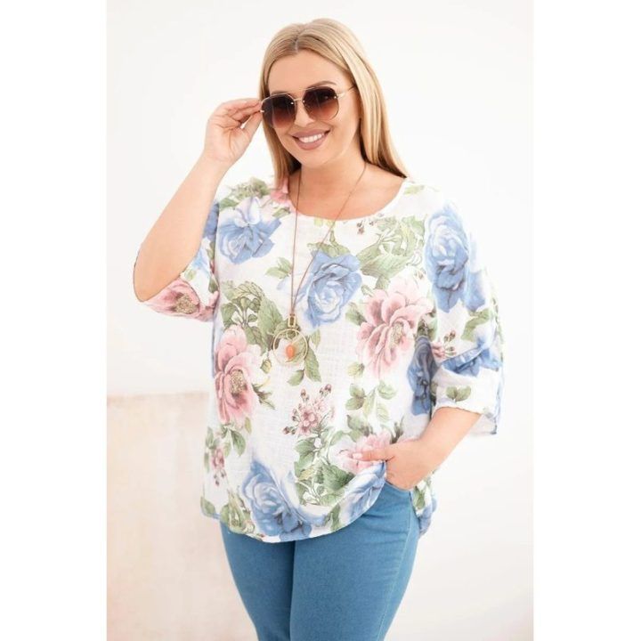 Moteriška Plus Size palaidinė su gėlių raštu, balta