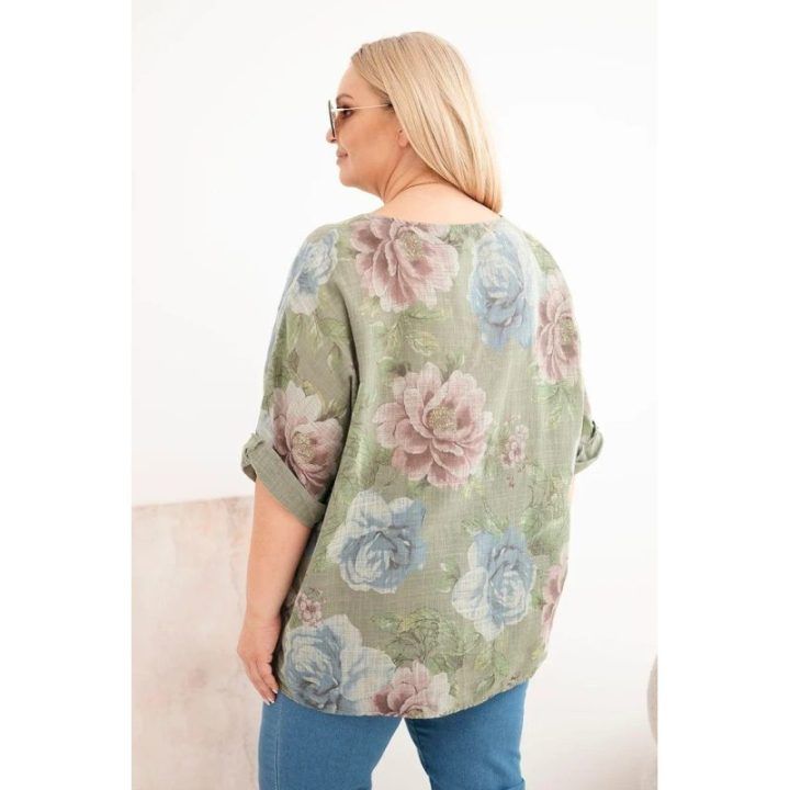 Moteriška Plus Size medvilninė palaidinė trumpomis rankovėmis, chaki spalvos su gėlių raštu
