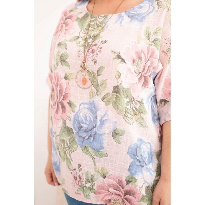Moteriška Plus Size palaidinė trumpomis rankovėmis su gėlių raštu, pudrinė rožinė