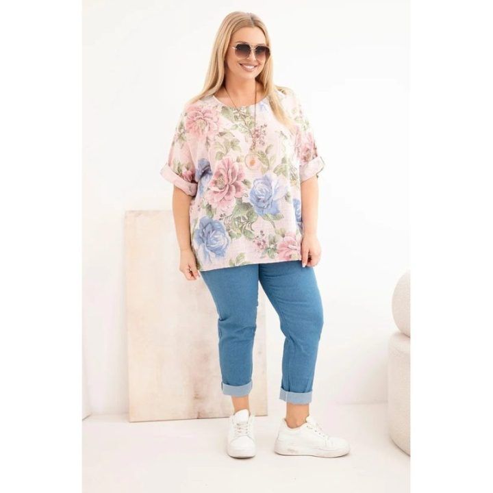 Moteriška Plus Size palaidinė trumpomis rankovėmis su gėlių raštu, pudrinė rožinė