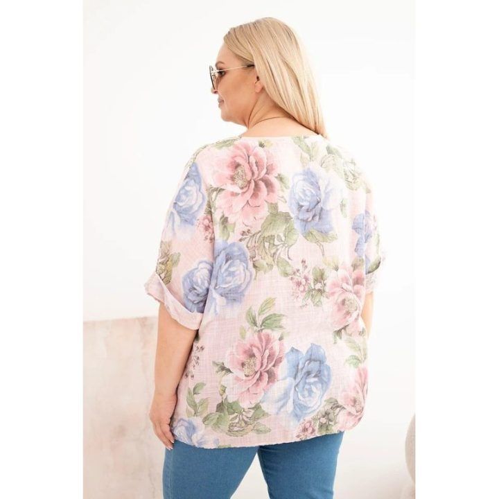 Moteriška Plus Size palaidinė trumpomis rankovėmis su gėlių raštu, pudrinė rožinė