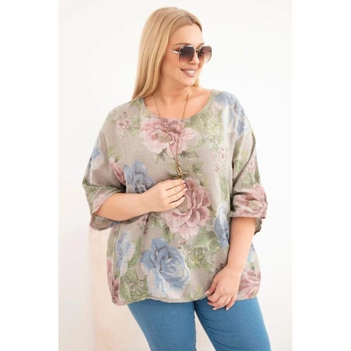Moteriška Plus Size medvilninė palaidinė trumpomis rankovėmis su gėlių raštu, fango spalvos