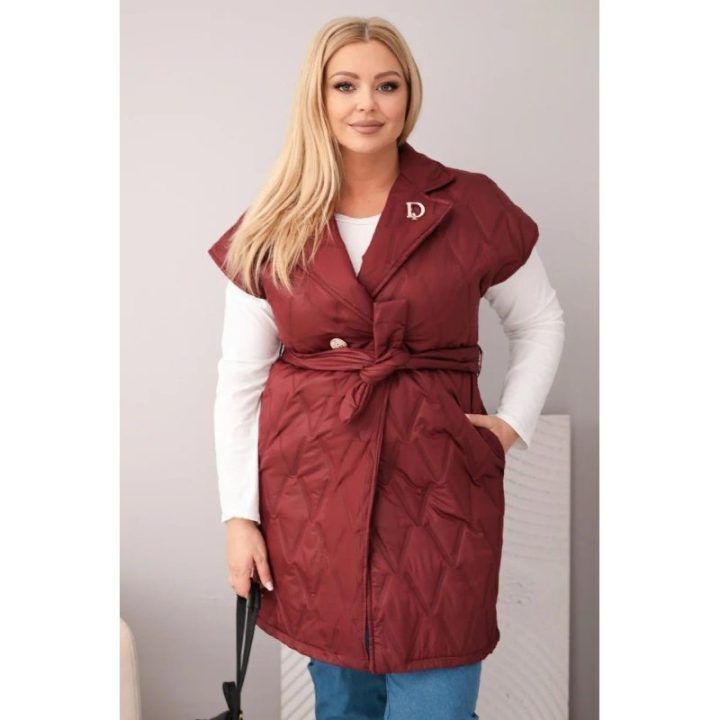 Moteriška Plus Size dygsniuota liemenė su diržu ir apykakle, slyvų spalvos