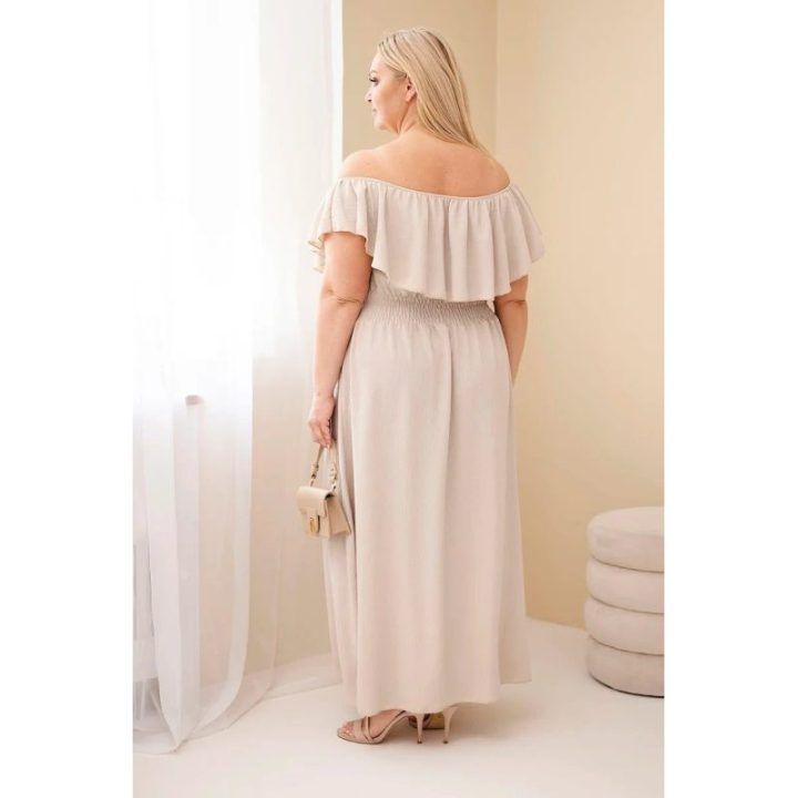 Moteriška Plus Size maksi suknelė su raukiniais ir tampria juosmens juosta, smėlio spalvos