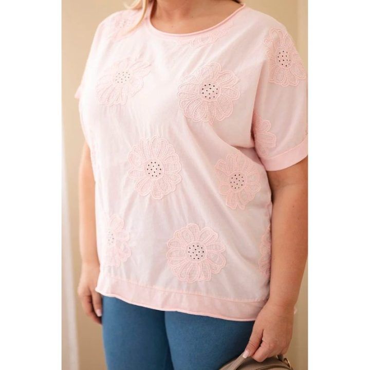 Moteriška Plus Size medvilninė palaidinė su siuvinėtomis gėlėmis, šviesiai rožinė