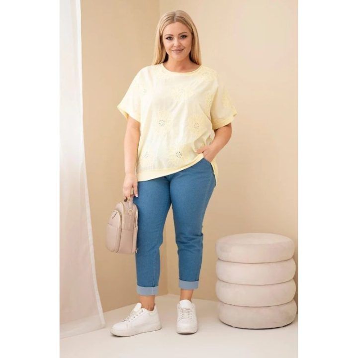 Moteriška medvilninė Plus Size palaidinė su siuvinėtomis gėlėmis, geltona