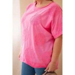 Plus Size moteriška medvilninė palaidinė su siuvinėtomis gėlėmis, rožinė