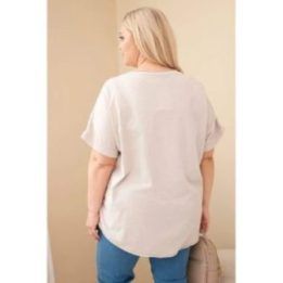 Moteriška Plus Size medvilninė palaidinė su siuvinėtomis gėlėmis, smėlio spalvos