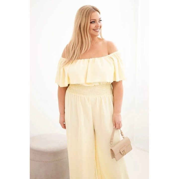 Moteriškas Plus Size kombinezonas su raukiniais ir plačiomis klešnėmis, geltonas