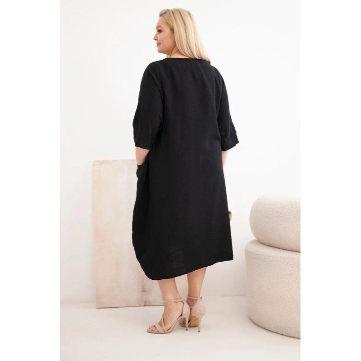 Moteriška Plus Size viskozinė suknelė su kišenėmis, juoda