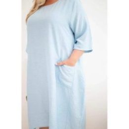 Moteriška Plus Size viskozinė suknelė trumpomis rankovėmis su kišenėmis, mėlyna