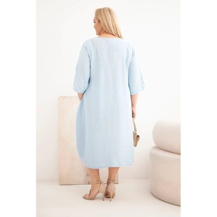 Moteriška Plus Size viskozinė suknelė trumpomis rankovėmis su kišenėmis, mėlyna