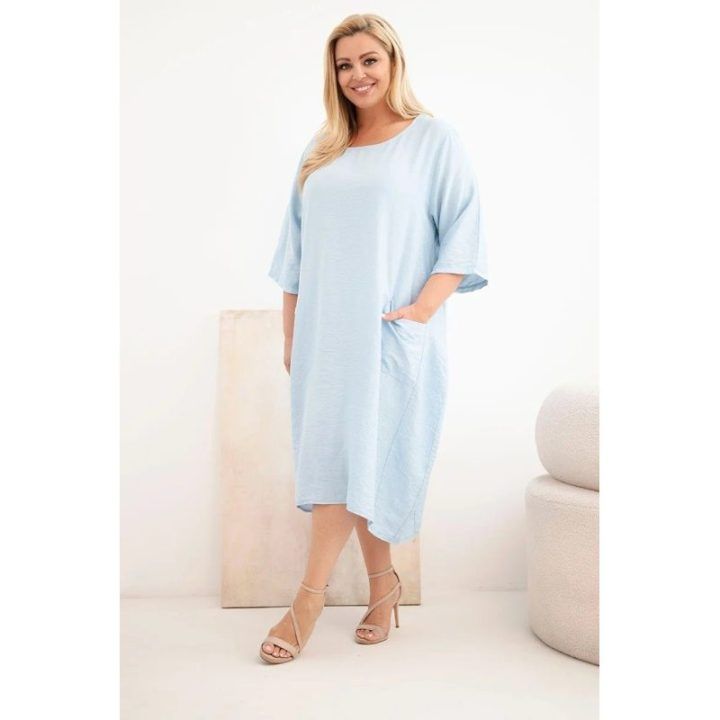 Moteriška Plus Size viskozinė suknelė trumpomis rankovėmis su kišenėmis, mėlyna