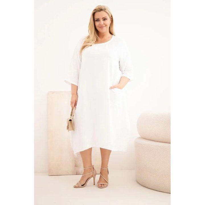 Moteriška Plus Size viskozės suknelė su kišenėmis ir trumpomis rankovėmis, balta