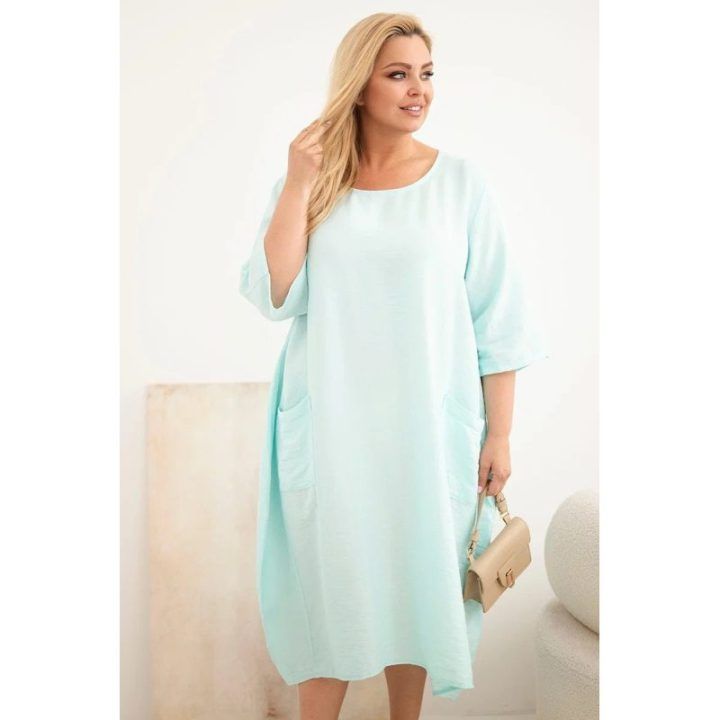 Moteriška Plus Size mėtų spalvos suknelė su kišenėmis ir trumpomis rankovėmis