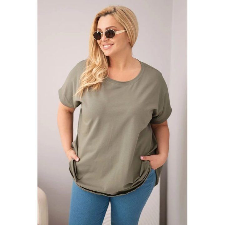 Moteriška Plus Size medvilninė palaidinė trumpomis rankovėmis, chaki spalvos