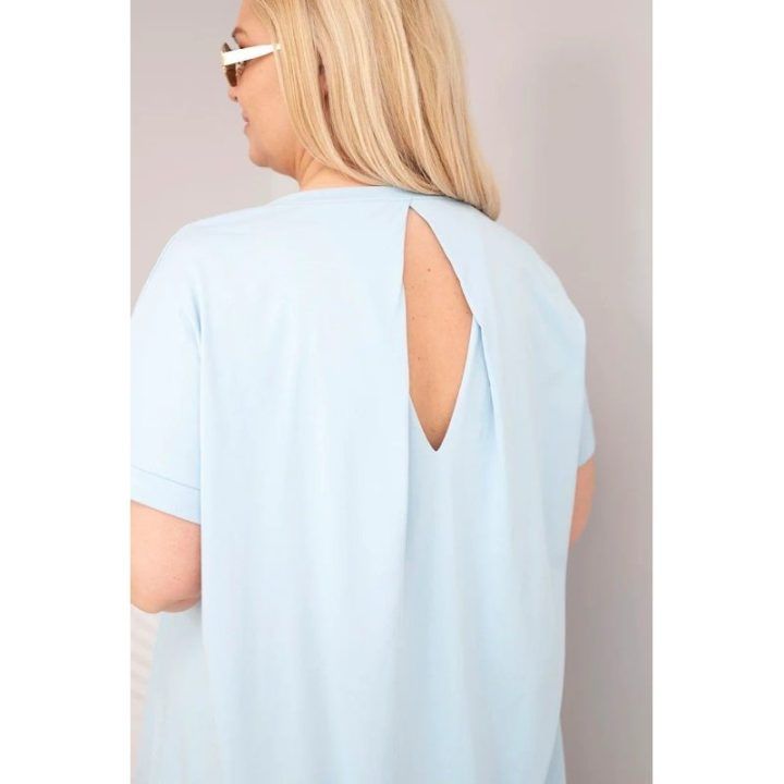 Moteriška Plus Size medvilninė palaidinė trumpomis rankovėmis, mėlyna