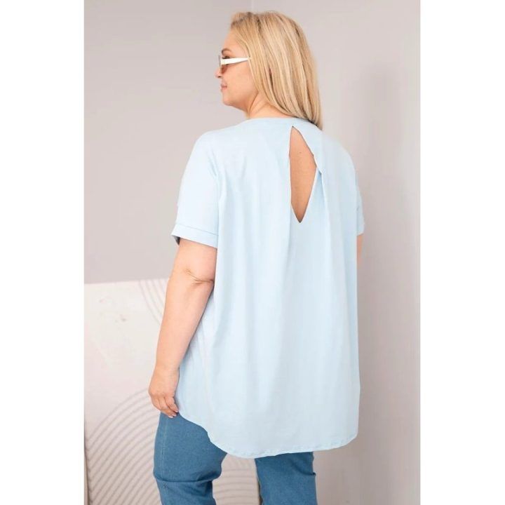 Moteriška Plus Size medvilninė palaidinė trumpomis rankovėmis, mėlyna