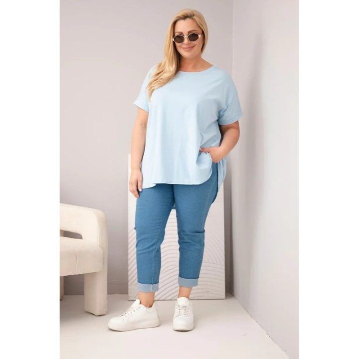 Moteriška Plus Size medvilninė palaidinė trumpomis rankovėmis, mėlyna