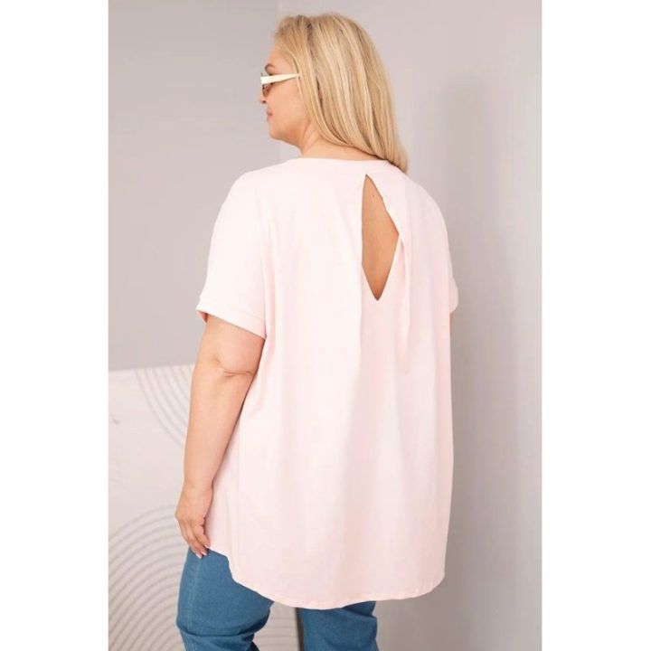 Moteriška Plus Size medvilninė palaidinė trumpomis rankovėmis, pudrinė rožinė