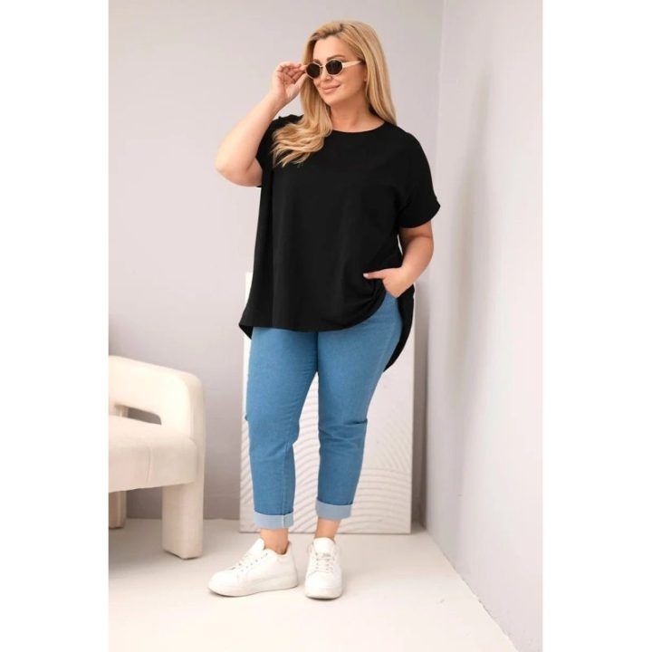 Moteriška Plus Size medvilninė palaidinė trumpomis rankovėmis, juoda