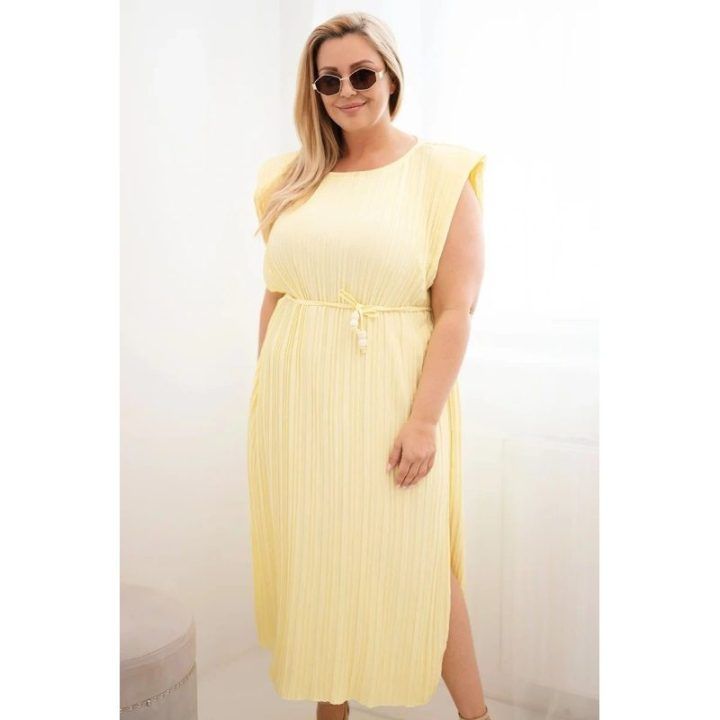 Plus Size midi suknelė su klostėmis ir surišimu ties juosmeniu, geltona