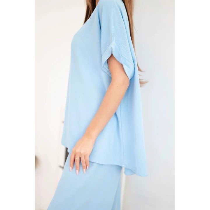 Moteriškas Plus Size komplektas su plačiomis kelnėmis, mėlynas
