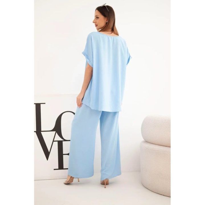 Moteriškas Plus Size komplektas su plačiomis kelnėmis, mėlynas