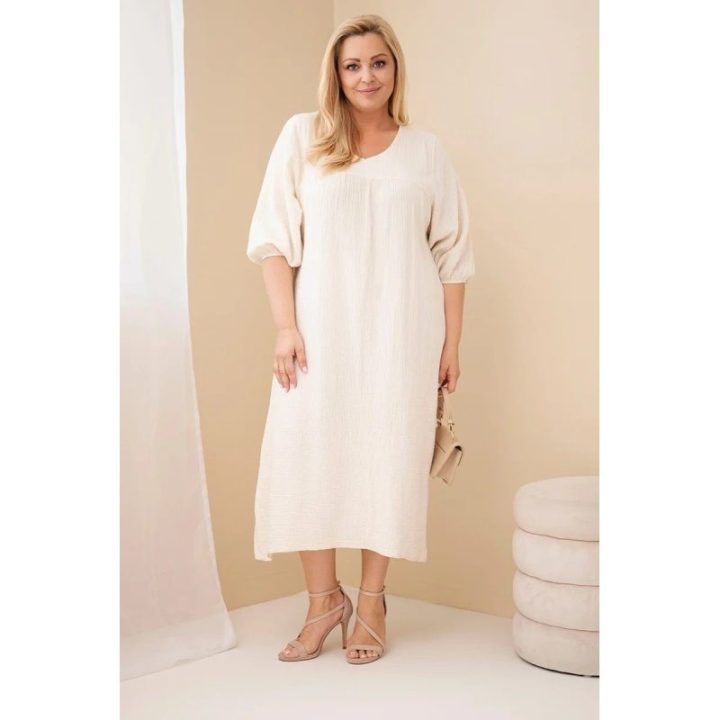 Moteriška Plus Size medvilninė muilinė suknelė su V formos iškirpte, smėlio spalvos