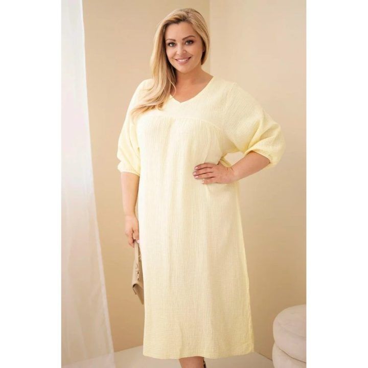 Moteriška Plus Size suknelė su V formos iškirpte, geltona