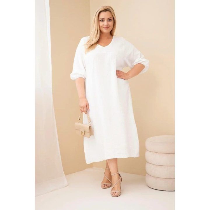 Balta Plus Size medvilninė muslino suknelė su V formos iškirpte