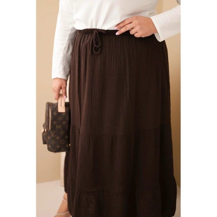 Moteriškas Plus Size medvilninis muslino sijonas su raukiniais ir elastiniu juosmeniu, rudas