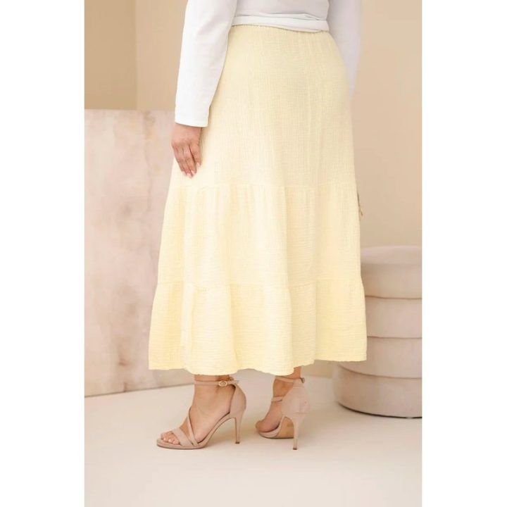 Moteriškas Plus Size medvilninis muslino sijonas su raukinuku ir gumyte, geltonas