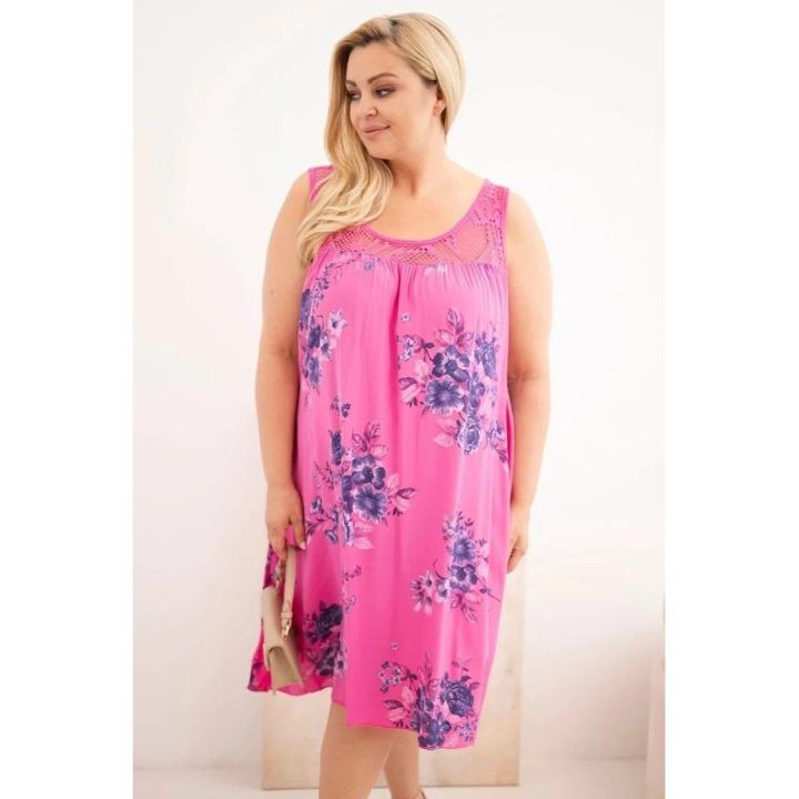 Moteriška Plus Size suknelė su nėriniais ir gėlių raštu, rožinė