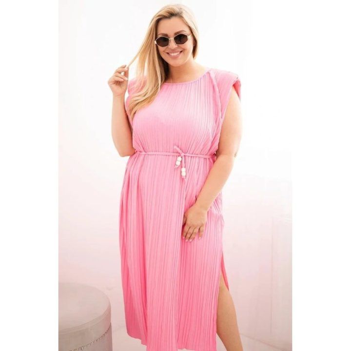 Moteriška Plus Size plisuota suknelė su diržu, šviesiai rožinė
