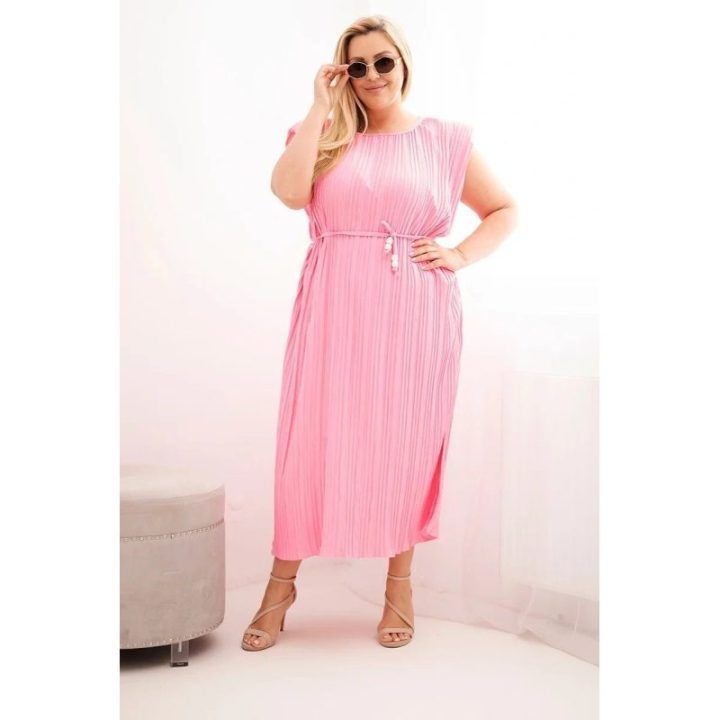 Moteriška Plus Size plisuota suknelė su diržu, šviesiai rožinė